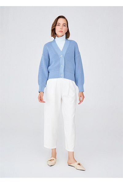 Peraluna Cardigan tricotat cu decolteu în V albastru Olivia - tricot Thessaloniki, cardigan 100% bumbac