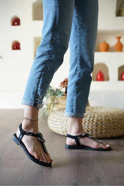 Hayalimdeki Ayakkabı Minna Stone Flip Flop Black Sandals