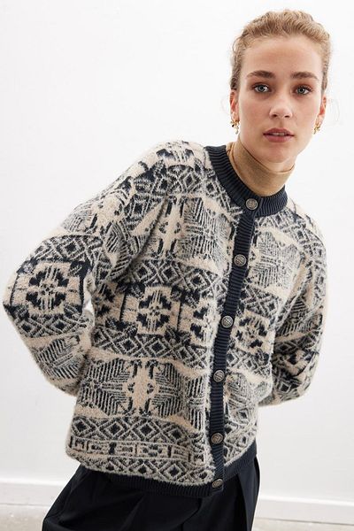 Peraluna Flora Jacket Crew Neck Jacquard Cotton Blend Γυναικείο Πλεκτό Παλτό - Σαμπάνια