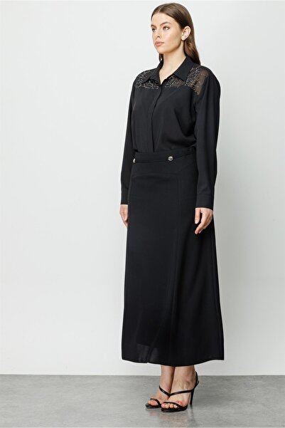 Moda İlgi Modailgi Long Skirt with Waist Corsage and Accessories Black