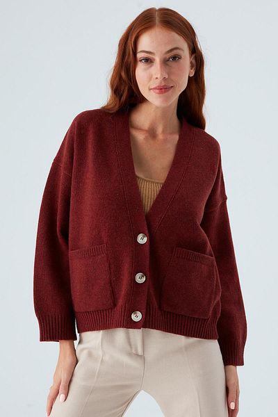 Peraluna Carol Cardigan Pocketed Buttoned Relaxed Cut Crop Women's Knitwear Cardigan - Claret Red
