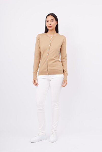 Peraluna Mıla Cardigan Crew Neck Camel Knitwear Women's Cardigan - Basic Cotton