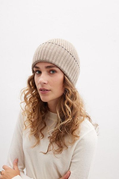 Peraluna Дамска плетена шапка с райета и цвят на млечен кафе - Ribana Knit