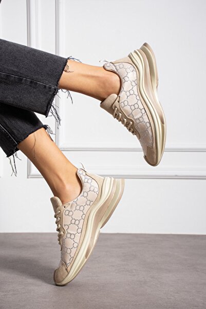 Seniorah Γυναικεία αθλητικά παπούτσια Star Beige από γνήσιο δέρμα σουέτ με λεπτομέρεια από πέτρα