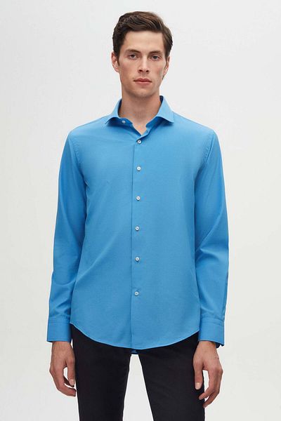 D'S Damat Риза с дълъг ръкав Slim Fit, синя, с класическа вратовръзка, лесна за гладене