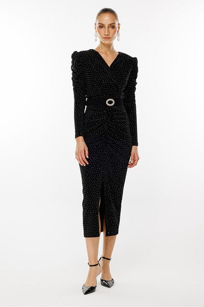 Moda İlgi Black Jewelled Fashionable Dress - Gather Detailed