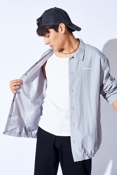Manche Parachute Fabric Printed Rainproof Oversize Coat with Snap Fasteners |   Gray Mnw 345791 -01