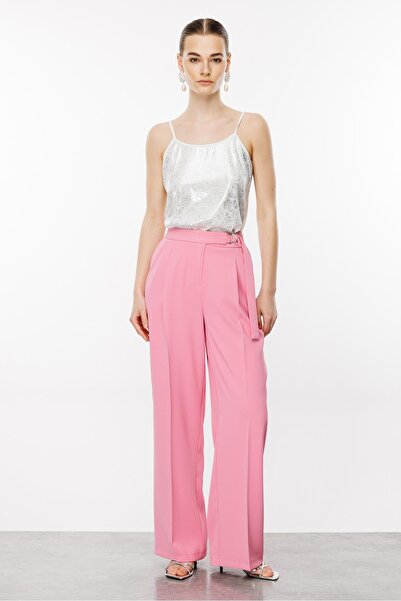 Moda İlgi Modailgi Kemeri Metal Toka ve Kuşaklı Pileli Pantolon - 7571 Pembe