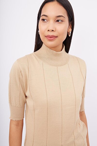 Peraluna BETTY BLOUSE Beige Turtleneck Thin Basic Women's Knitwear Blouse - Short Sleeve