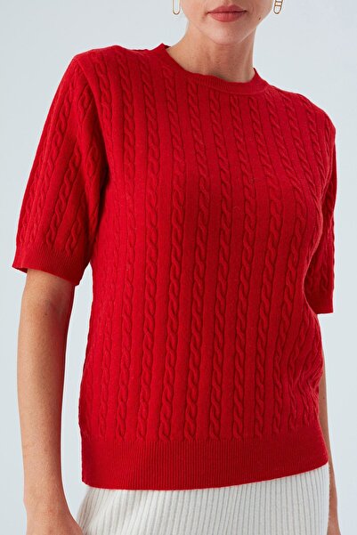 Peraluna Nıcole Blouse Saç Örgülü Kısa Kollu Kaşmirli Kadın Triko Bluz - Kırmızı