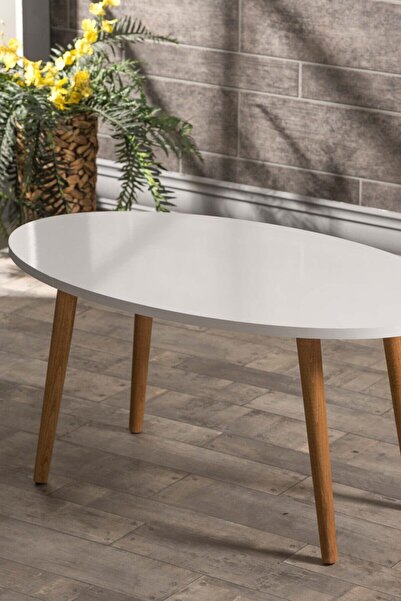 Aldın Aldın Orta Sehpa Ahşap Torna Ayak Görünümlü Elips Beyaz