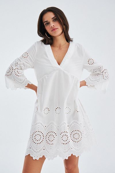 Peraluna Rochie Hiromi 100% bumbac cu mâneci 3/4 până la genunchi Rochie de vară pentru femei - albă