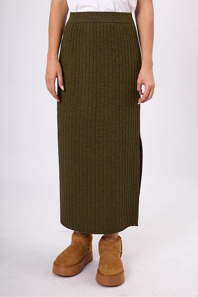 Peraluna Fusta tricotaje cu nervuri Molly Midi - Verde Inchis Melange