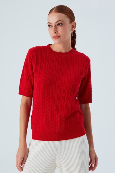 Peraluna Nıcole Blouse Saç Örgülü Kısa Kollu Kaşmirli Kadın Triko Bluz - Kırmızı
