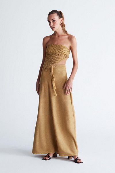 Peraluna Styleboom X Marilyn Skirt Glitter Maxi Size Γυναικεία Πλεκτή Φούστα με κορδόνια στη μέση - Χρυσό