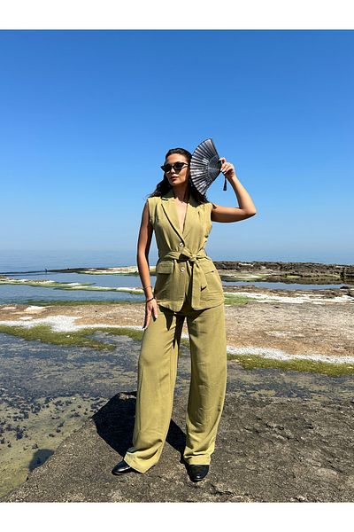 OUZ Fashion Linen Women's Vest and Trousers Set - Waist Belt Detailed