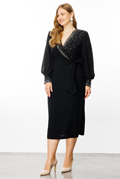 Moda İlgi Black Modailgi Dress - Pleated Sleeves and Stone Detail