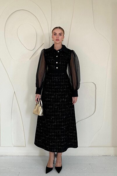 Elbee Fashion Woman Rochie cu maneci din organza - neagra