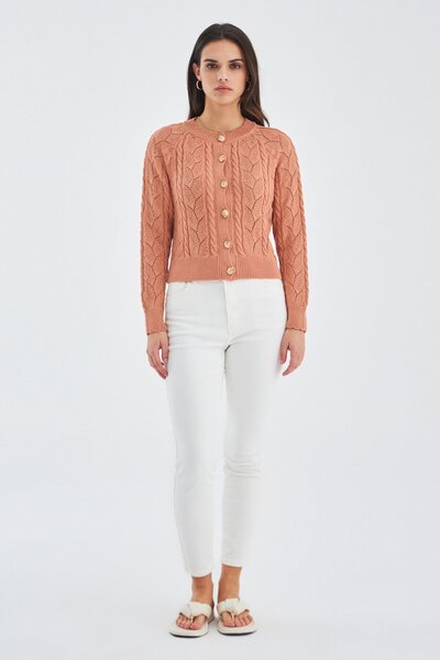 Peraluna Ella Cardıgan Ajur Detaylı Yazlık Düğmeli Kadın Triko Hırka - Somon