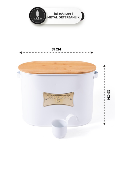 Lura Metal İki Bölmeli Beyaz 12 Lt Bambu Kapaklı Metal Deterjan Tablet Saklama Kutusu - Banyo Düzenleyici