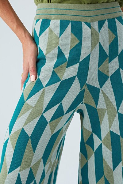 Peraluna Lena Trouser 100% Cotton Geometric Retro Patterned Women's Knitwear Trousers - Multi Green