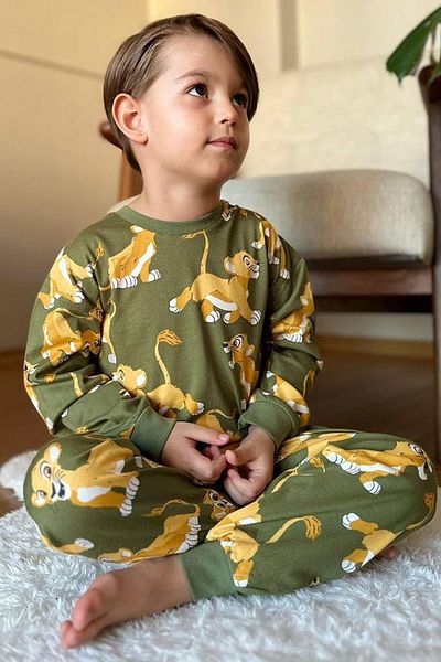 Riccotarz Σετ πιτζάμες Boy's Lion King με στάμπα χτενισμένη βαμβακερή πράσινη
