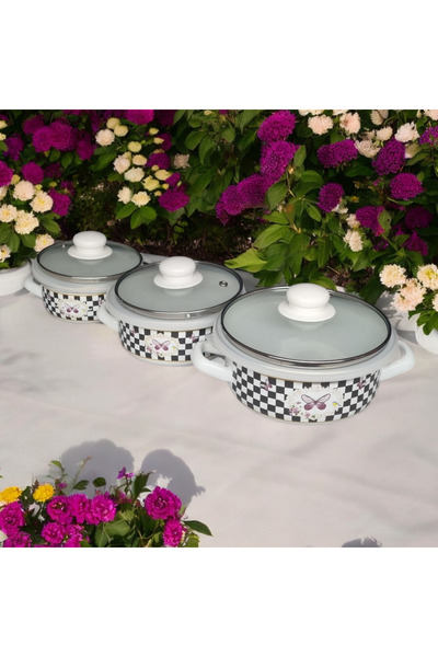 Zarif İnci Enamel Pishir Sakla Cookware Set 9 Pieces Checkered Butterfly