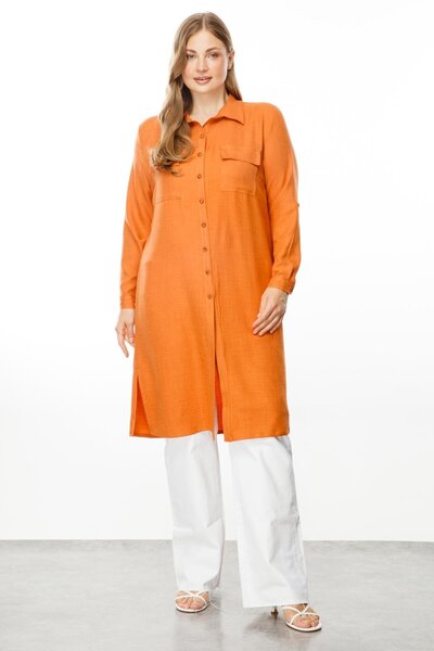Moda İlgi Modailgi  Cep Kapaklı Keten Tunik Tarçın