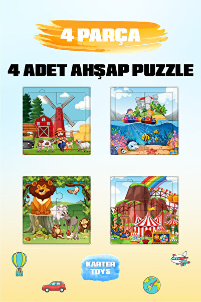 Karter İnovasyon Ahşap Puzzle 4 Adet,Eğitici ve Öğretici 4 Adet Ahşap Puzzle,...