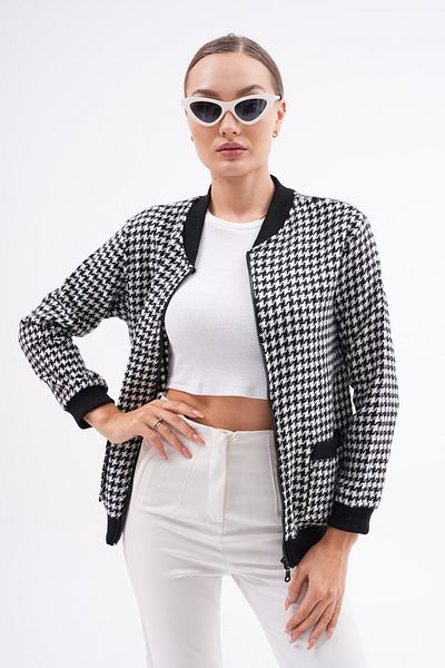 DEVRİMAY TEKSTİL Women's Houndstooth Print Zippered Bomber Type College Collar Jacket Cardigan