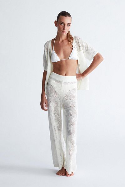 Peraluna Emma Wide Midi Knitwear Trousers - Lace Patterned, Braided Ecru Women's Trouser