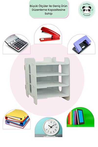 Pandogo Masaüstü Ahşap Dosya Düzenleyici A4 Evrak Rafı Dosyalık Beyaz Renk Model 3