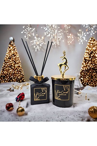 Tiem Concept Geyik Başlıklı Gold Detaylı 100 ml Çubuklu Oda Kokusu Ve Siyah Mum Seti