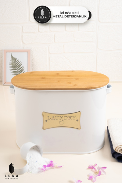Lura Metal İki Bölmeli Beyaz 12 Lt Bambu Kapaklı Metal Deterjan Tablet Saklama Kutusu - Banyo Düzenleyici