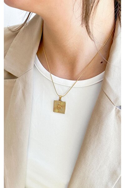 Sacha Accessories Kare Plaka Yılan Desenli Gold Çelik Kolye