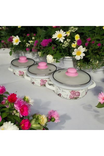 Zarif İnci 9 Piece Qussine Cooking and Storage Pot Set - Pink Rose