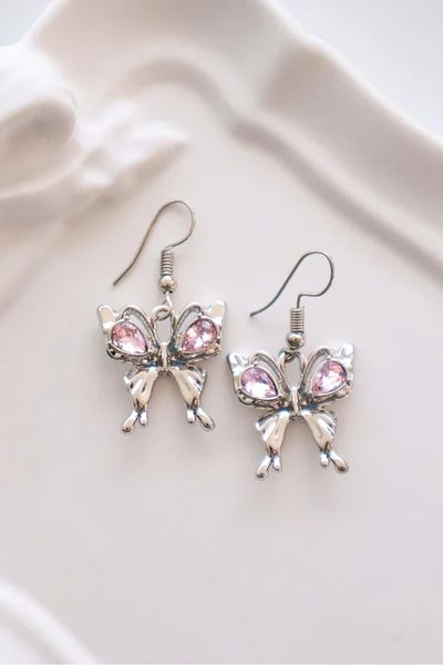 EFBUTİK Pink Stone Butterfly Imported Earrings (1)