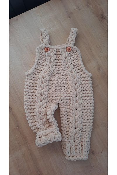 Alize Beige Colored Puffy Hand Knitted Baby Salopette - 6-18 Months Compatible