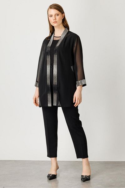 Moda İlgi Modailgi Collar and Arm Cuff Jewelled Double Chiffon Tunic Black
