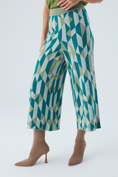 Peraluna Lena Trouser 100% Cotton Geometric Retro Patterned Women's Knitwear Trousers - Multi Green