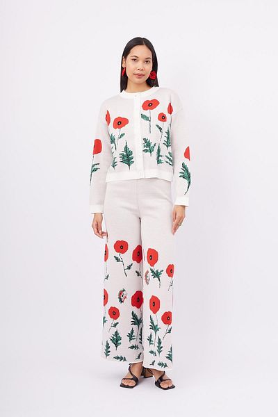 Peraluna Pantaloni de damă din bumbac organic cu model mac - Ecru
