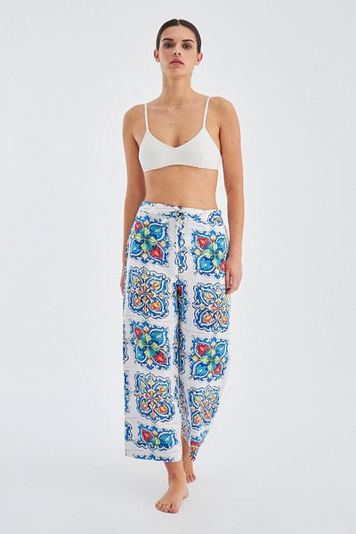Peraluna Ria Trouser Tile Patterned Loose Cut Summer Satin Women's Trousers - Multi Color