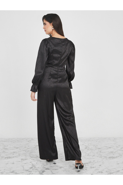 Styli Faux Pearl Detail Wide Leg Satin Jacquard Jumpsuit