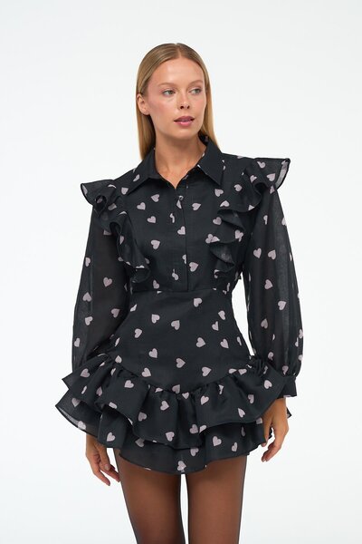 NOK İSTANBUL Love Bomb Fırfır Detaylı Mini Elbise Siyah