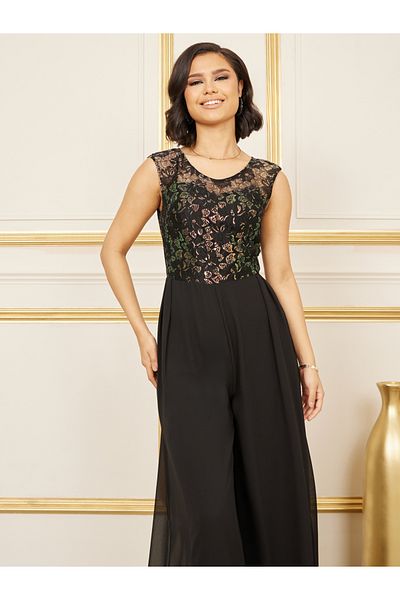 Styli Lace Detail Mesh Insert Wide Leg Jumpsuit
