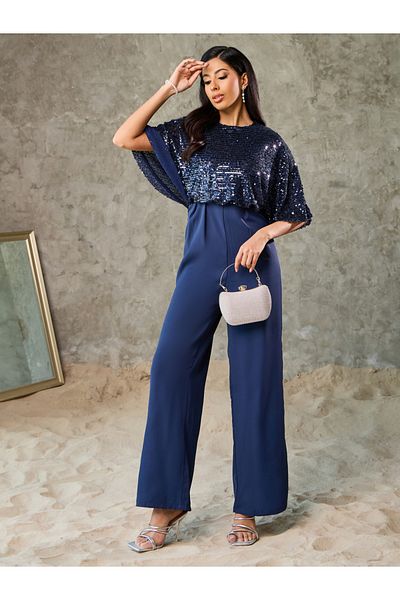 Styli Sequin Cape Sleeve Wide Leg Jumpsuit
