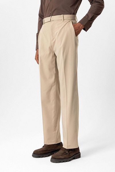 Antioch Beige High Waist Belted Men's Trousers