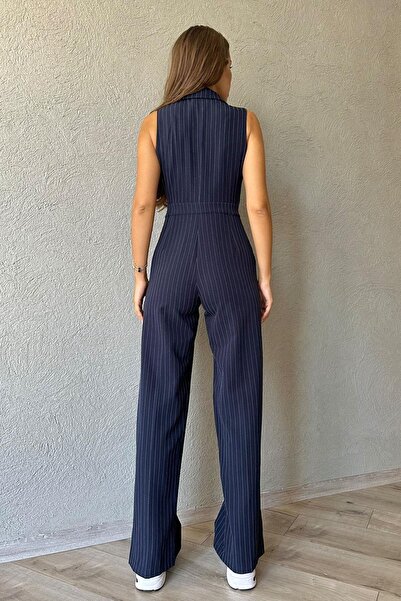 HARMONY GLOBAL Striped Atlas Fabric Sleeveless Double Breasted Jacket Collar Button Detailed Striped Jumpsuit 3195