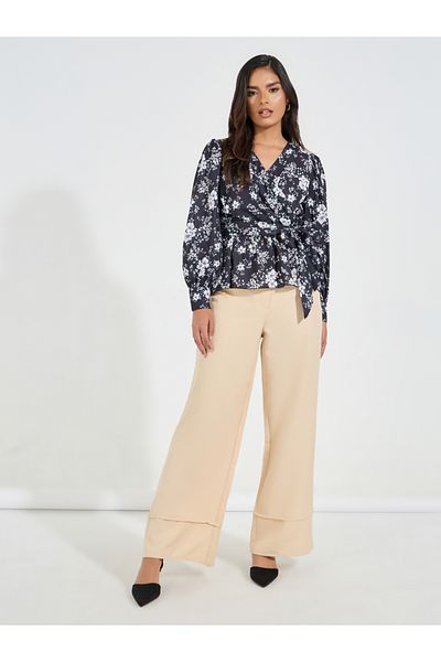 Styli Floral Print Wrap Top with Volume Cuffed Sleeves