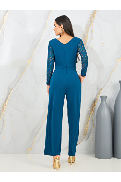 Styli Lace Cut Out Detail Sleeves Wide Leg Jumpsuit with Chain Accent
